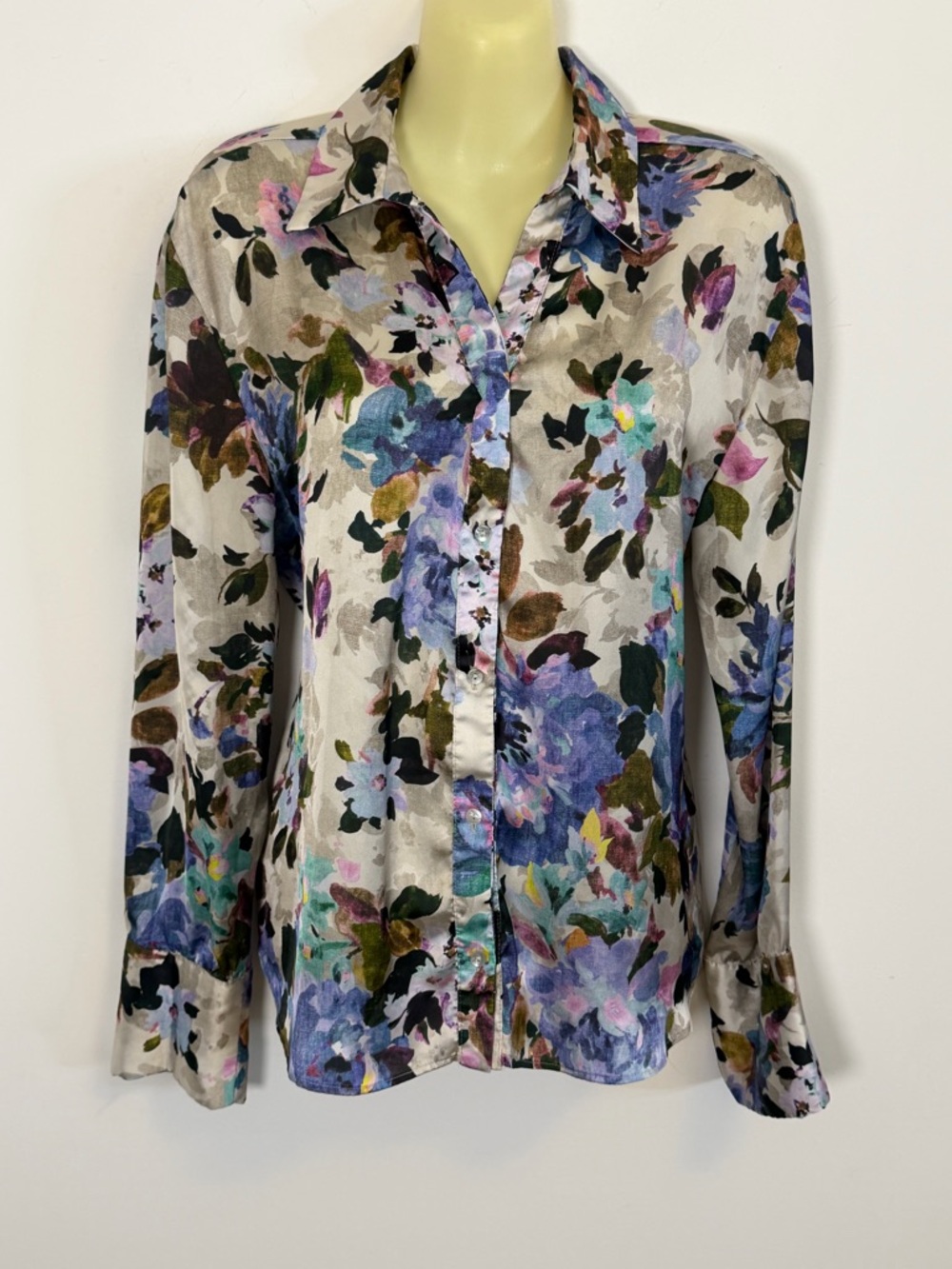 Zara Beige and Purple Floral Silky Long Sleeve Button Down Shirt *flawed